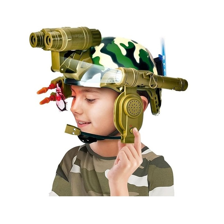 Casca de Armata de Jucarie, pentru Copii peste 6 ani, cu Lumina LED, Binoclu si Ochelari, Verde Camuflaj