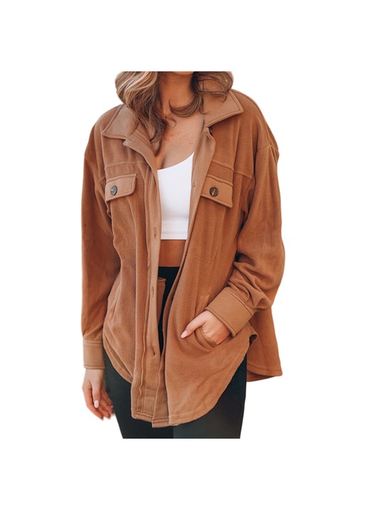 Női kardigán, Jormftte, polár, hétköznapi, hosszú ujjú, zsebekkel, barna