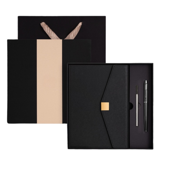 Set Premium A5 cu Agenda, Pix Metalic si Reincarcare, ZENSELLER, 100 Pagini Nedatate, Design Modern, Cutia si Plasa Cadou Incluse, 210mm*145mm, Negru