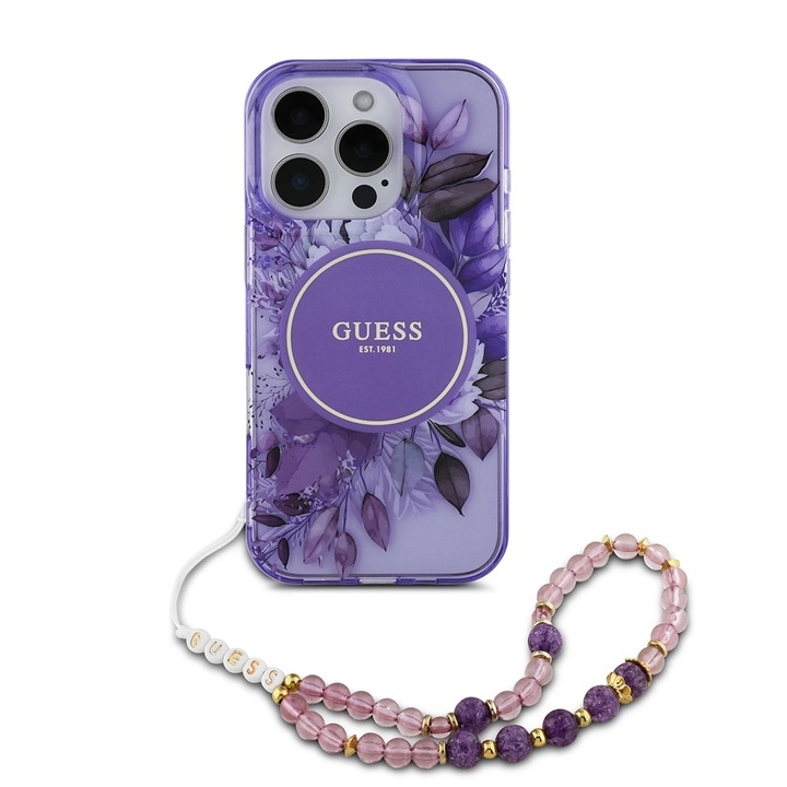Защитен калъф Guess, съвместим с Apple iPhone 16 Pro, IML Flowers, Pearl Strap, силикон, Purple-Multicolor