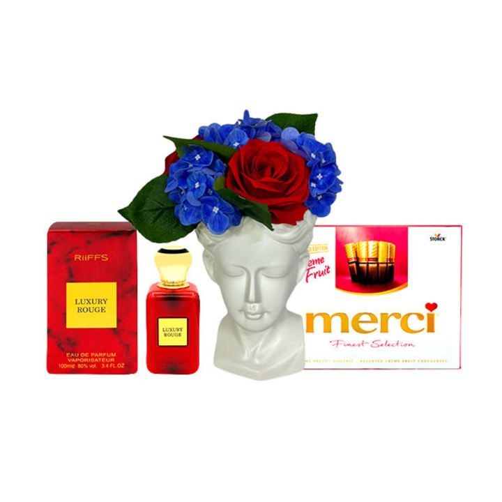 Pachet Vaza Adonis cu aranjament floral inclus, ciocolata Merci 250gr, Apa de Parfum Luxury Rouge, Riiffs, Unisex- 100ml, Velve