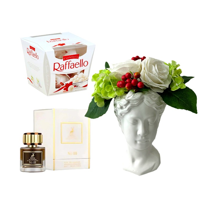Adonis váza csomag virágkompozícióval, Raffaello praliné 150 gr, Signatures Eau de Parfum No 3, Maison Alhambra, Unisex - 50 ml Velve