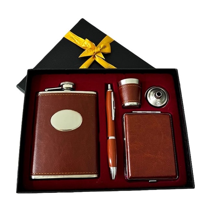 Set cadou pentru barbati VLV, 5 piese, plosca, pix, pahar, palnie, tabachera, Maro, Velve