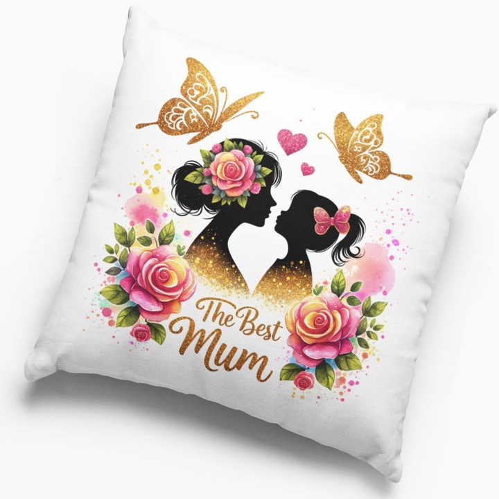 Perna Decorativa, JOYSTOS, 40 x 40 cm, Printata Cu Mesaj Pentru Mama "The Best Mom", Design cu Flori si Fluturi