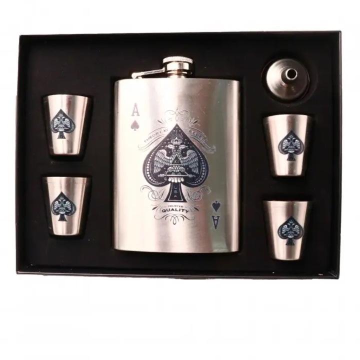 Set Sticla cu 4 Pahare, Cutie Speciala, Palnie, Model Inima Neagra, Dalimag