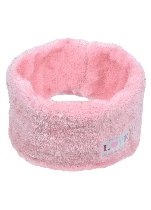 Fular Circular, Roz, Blana Artificiala, Fir Lurex, Patch "Love", Captuseala Fleece, Pentru Fete