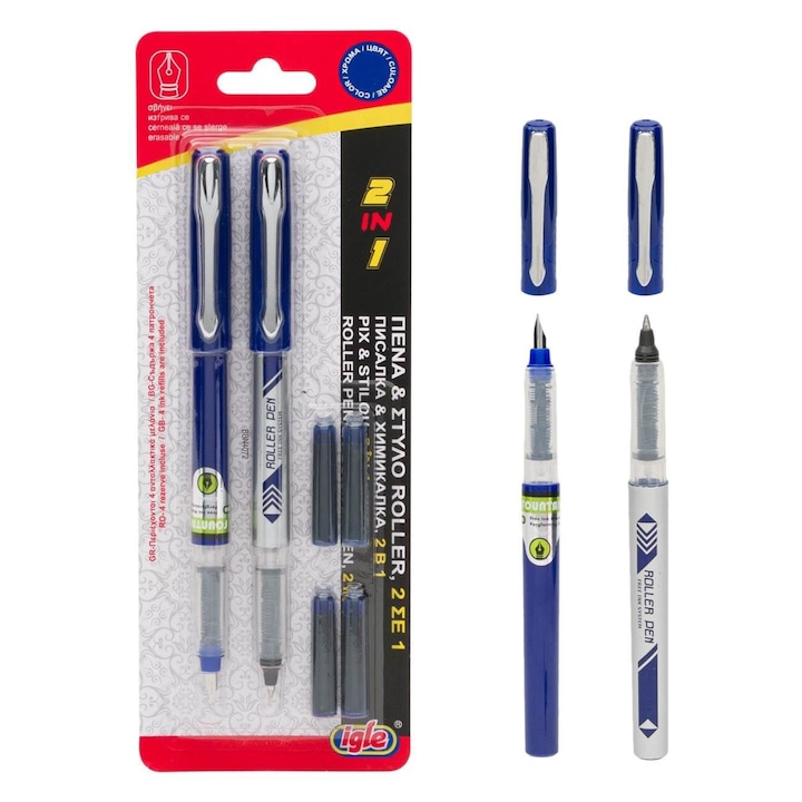 Set Stilou si Pix Roller, Transparent, 2 Bucati, Rezerve Cerneala Albastra, Sistem Avansat de Curgere, MYONNA IT & E- COMMERCE ®