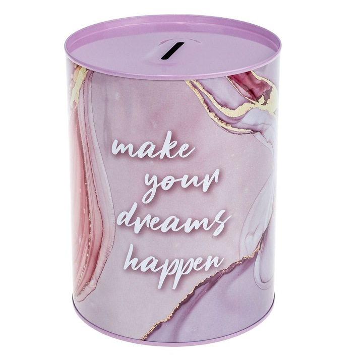 Pusculita Metalica, Roz Marble, Diametru 12x16cm, Mesaj "Make Your Dreams Happen"