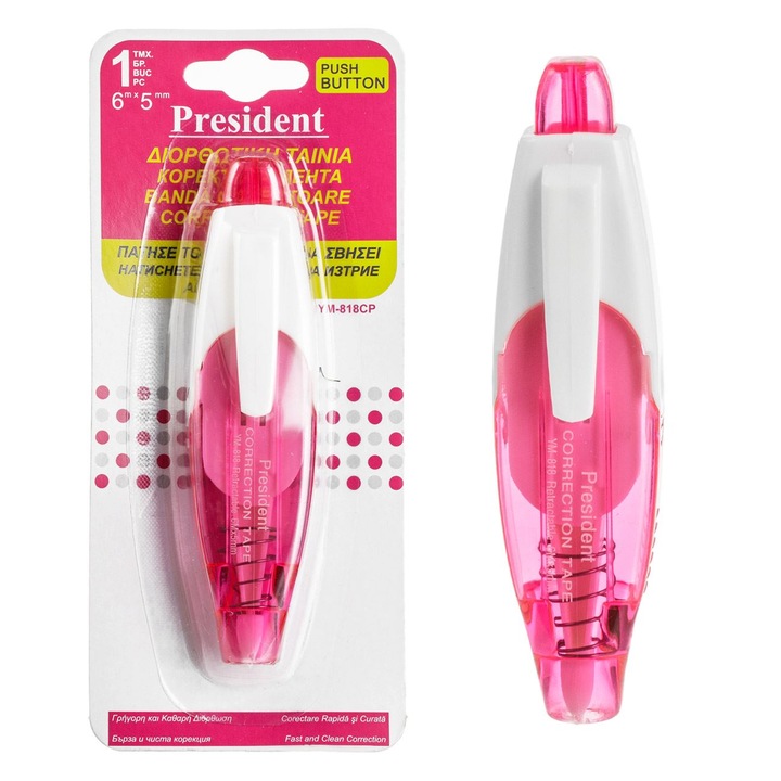 Banda corectoare - pix cu buton roz president 6m x 5mm