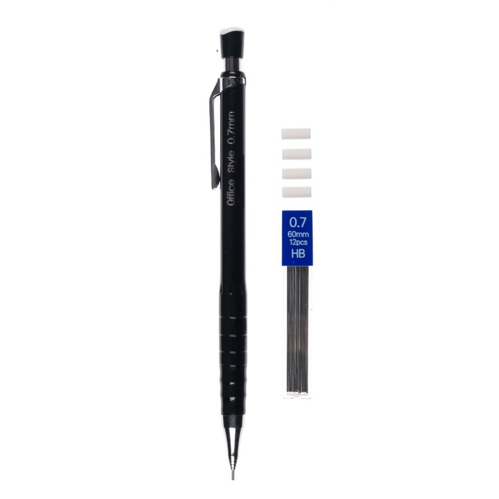 Creion Mecanic Negru 0.7mm cu Radiere & Mine - 6buc