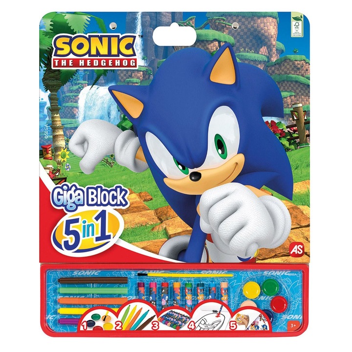 Комплект за оцветяване Giga Block Sonic, 5в1, 35x1x42 см, за момчета, включва акварели, маркери, восъчни пастели и стикери