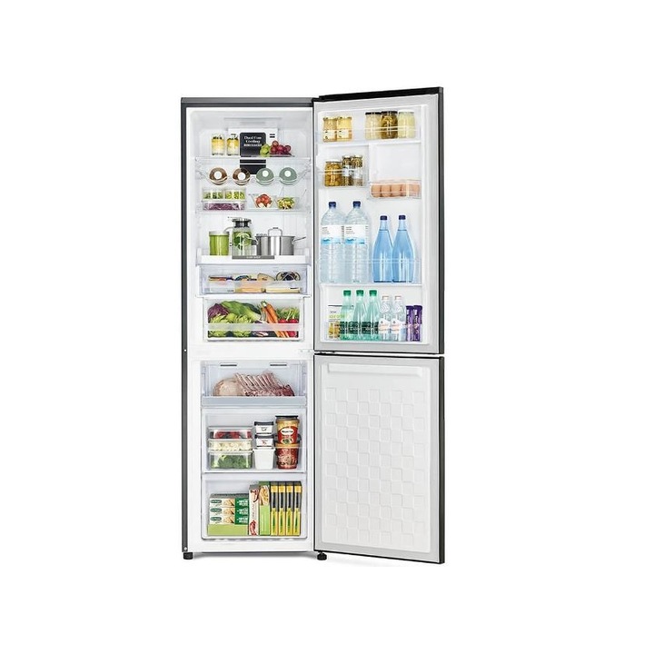 Combina frigorifica Hitachi, No Frost, 330 litri, H 190 cm, 2 usi, tehnologie Inverter, alarma usa deschisa, compartiment legume/fructe, compartiment carne/lactate, raft cromat pentru sticle, temperatura reglabila, display tactil integrat, argintiu