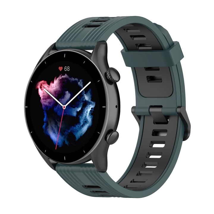Каишка за часовник Vogo, Съвместима с Garmin, Huawei Watch, Samsung Galaxy Watch, Amazfit, 22 mm, Универсална, Силикон, Тъмнозелен/Черен
