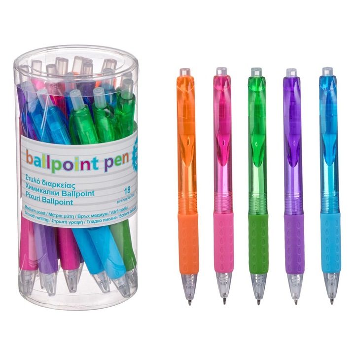 Set Pixuri Ballpoint, Multicolor, 18 Bucati, Corp Transparent