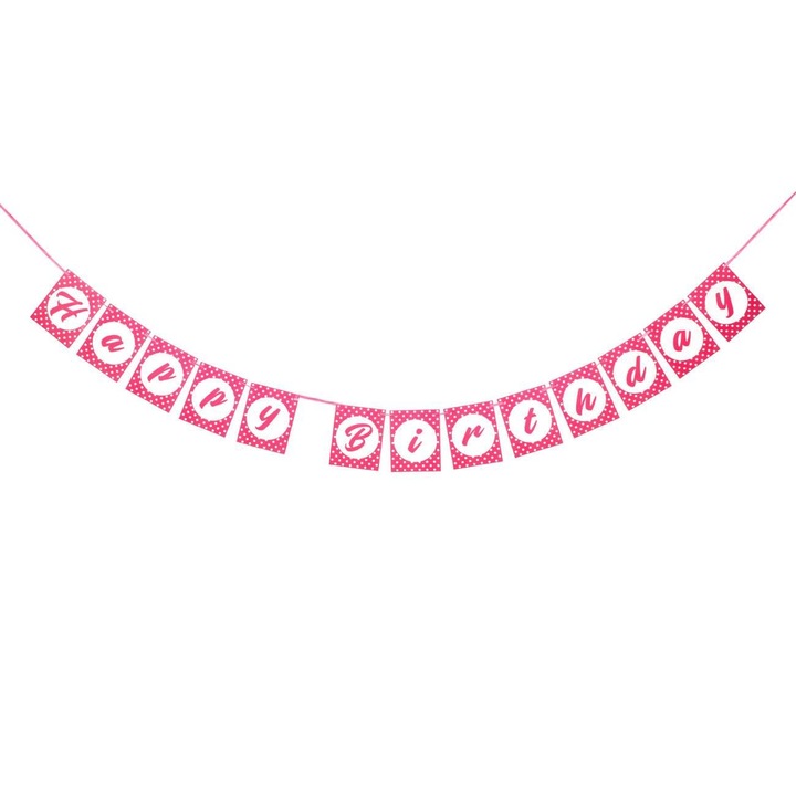 Парти банер, модел Happy Birthday, цвят розов на точки, размери 14x213 см