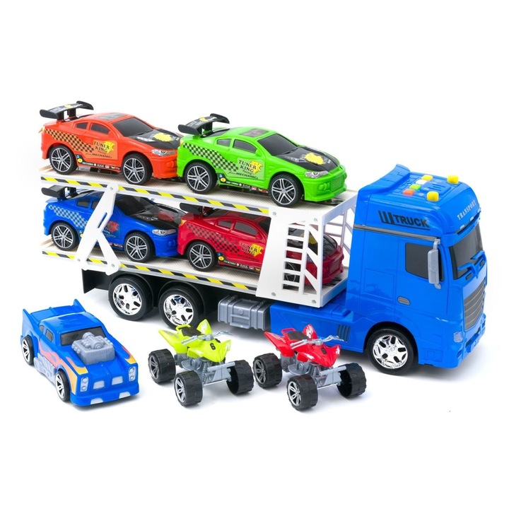 Játék teherautó szett járművekkel, 1:24 modell, hangeffektussal, világítással, többszínű, 7 részes