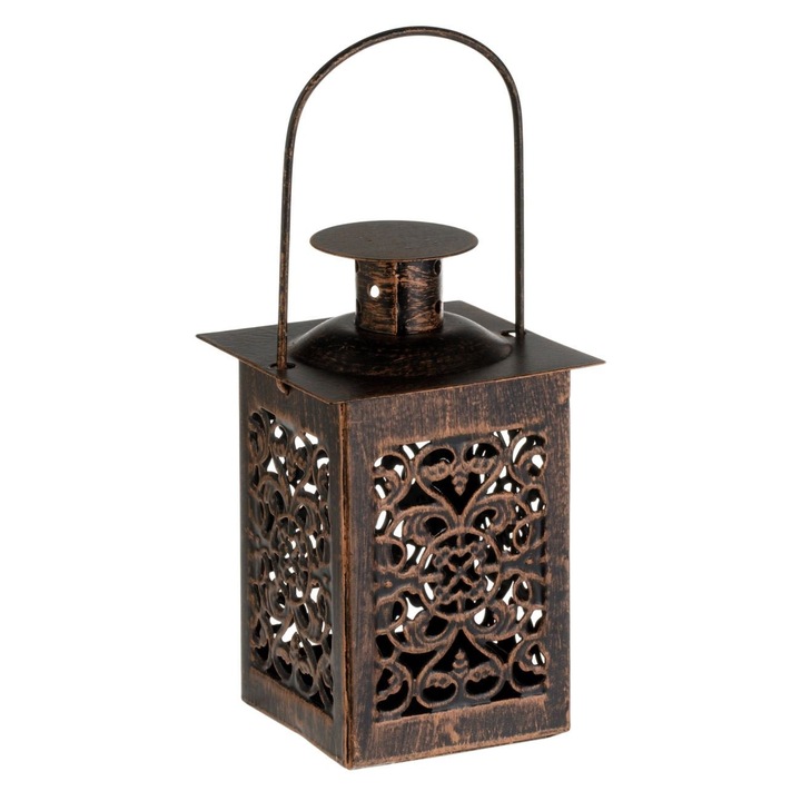 Felinar Metalic Decorativ, Model Perforat, Culoare Bronz, Dimensiuni 6x12.5cm