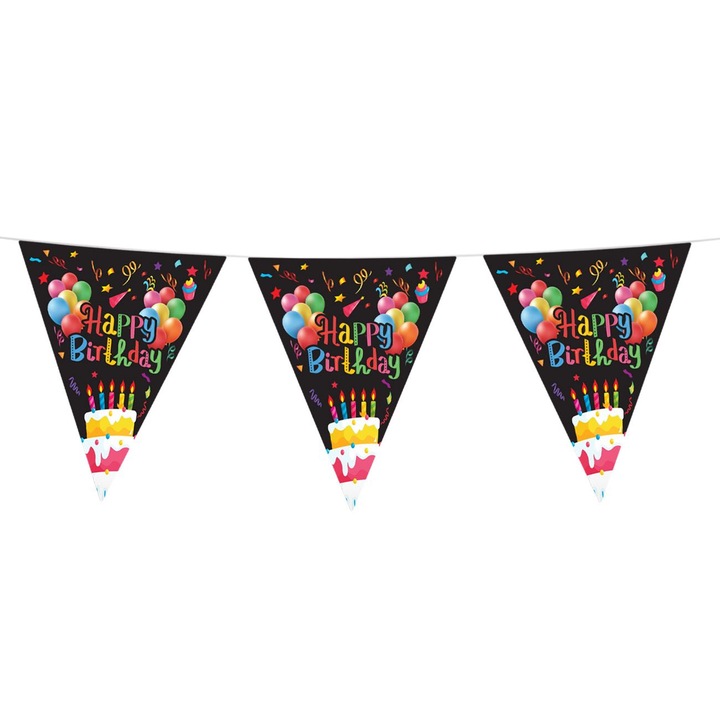 Ghirlanda Petrecere, Happy Birthday, 4.8m, 15 Bucati, Stegulete Folie, Negru Multicolor