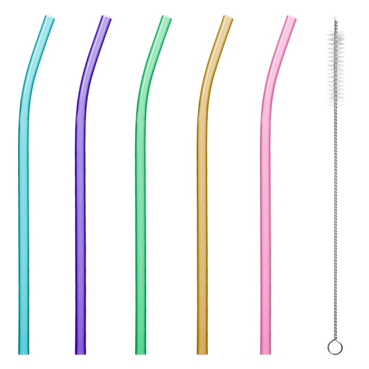 Комплект сламки за многократна употреба, многоцветни, 10 части, включена четка, извита пластмаса