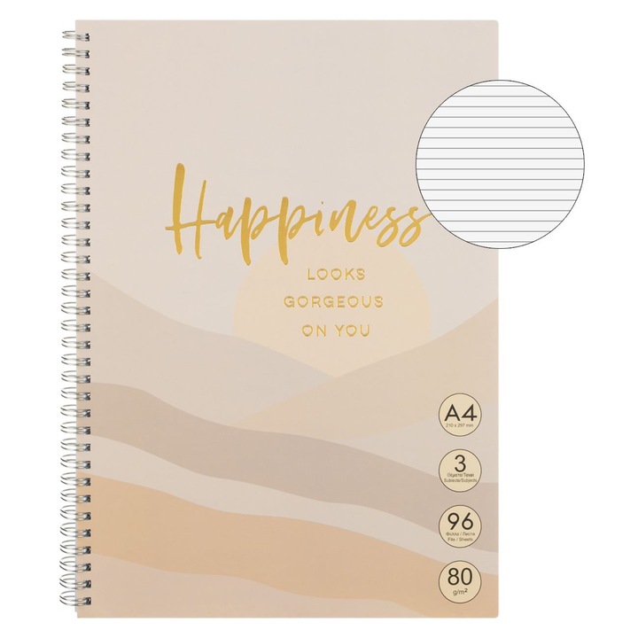 A4-es jegyzetfüzet, nude rózsaszín arany fóliával, "boldogság" spirállal és 3 témával - 96f