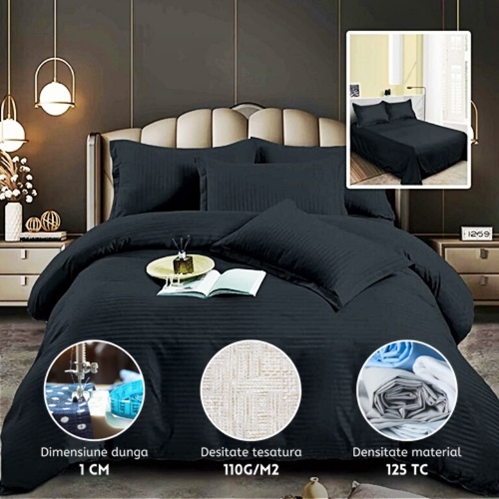 Lenjerie de pat damasc policoton, 4 piese, cearceaf pat 230x250cm, cearceaf pilota 200x230cm si 2 fete de perna 50x70, pentru 2 persoane, neagra, LDP4p78, Pucioasa