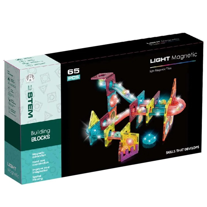 Set de constructie cu magenti si bile luminoase 65 piese
