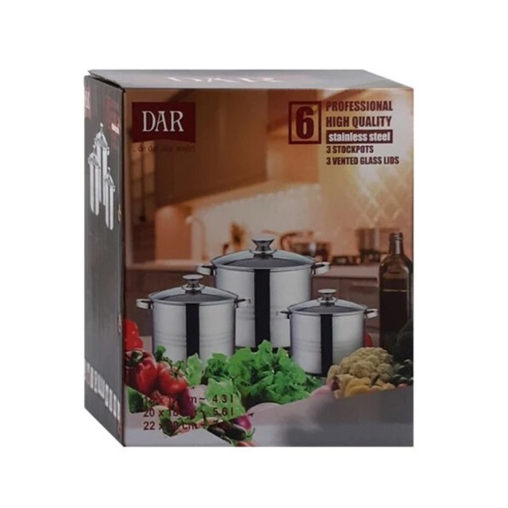 Set oale inox cu capace din sticla, 6 piese, 4.3L, 5.6L si 7.2L