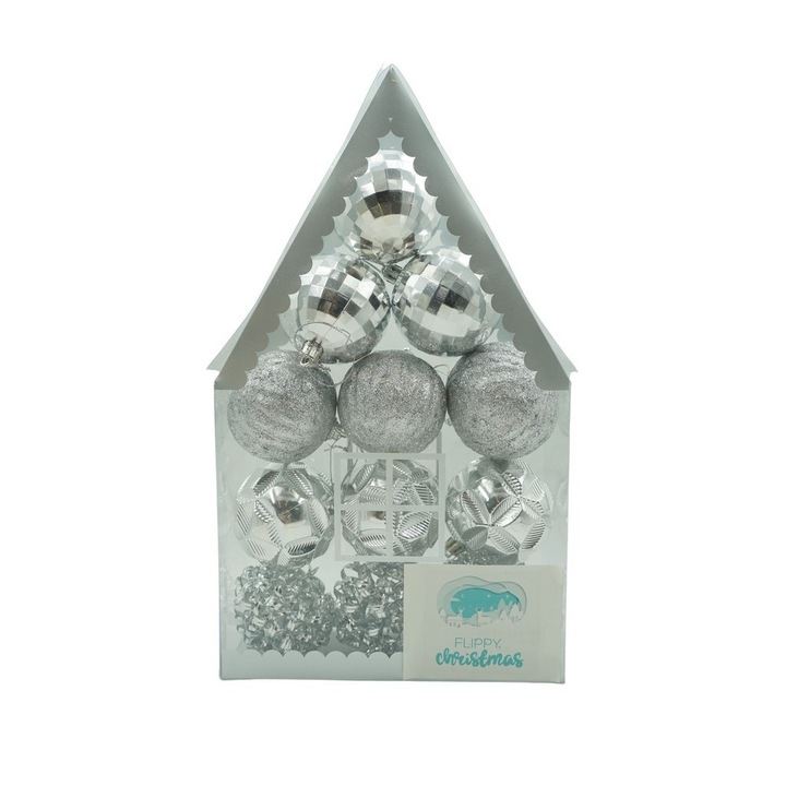 Set de 12 ornamente de brad, By Fitilomania, de tip Glob, Argintiu, din plastic, cu finisaj sclipitor, cutie 6 cm adancime x 30 cm inaltime x 18 cm lungime)