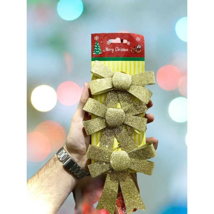 Original - Set 3 fundite pentru brad, Aurii, cu sclipici, 10 x 11 cm, din poliester, Southern Sky - calitate superioara