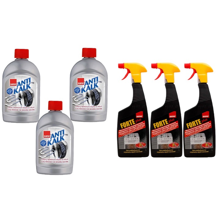 Set Sano Variety 6 x Componente, 3 x Anticalcar Masina Spalat 500ml Gel, 3 x Forte Solutie Aragaz 500ml, rapid si eficient, usor de aplicat, testat dermatologic, prospetime de lunga durata, elimina mirosuri neplacute