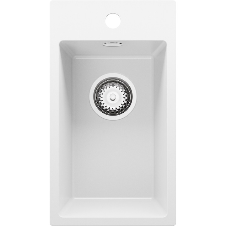 Chiuveta de bucatarie din granit 28x50cm, Chiuveta 1 Cuva + Sifon, Pentru dulap de 30cm, Riga Primagran Alb