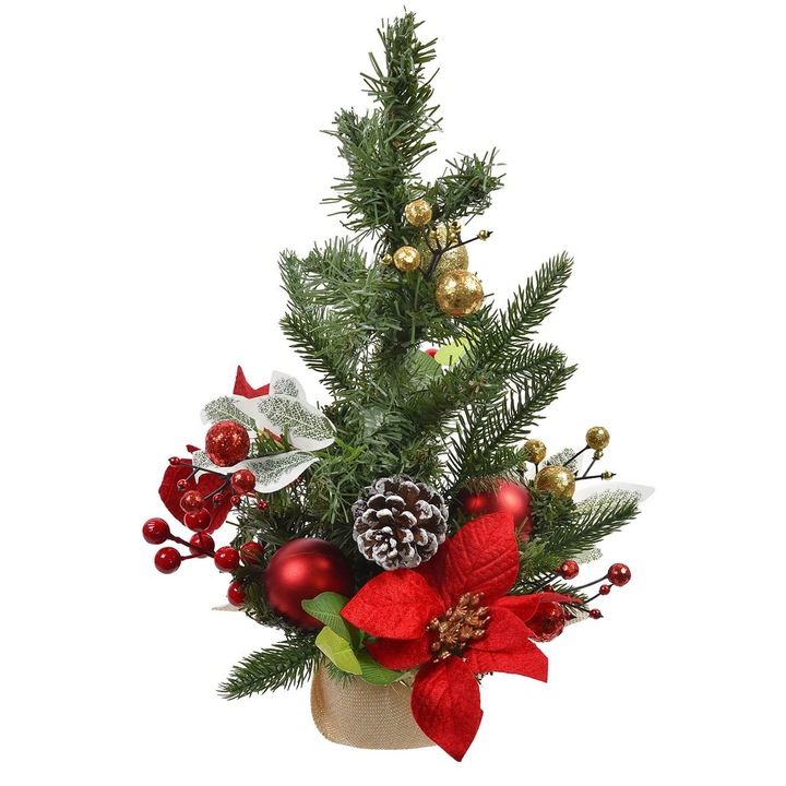 Pom de Craciun Artificial, Model Decorativ de Masa, Globuri Rosii, Conuri Brune, Inaltime 40cm