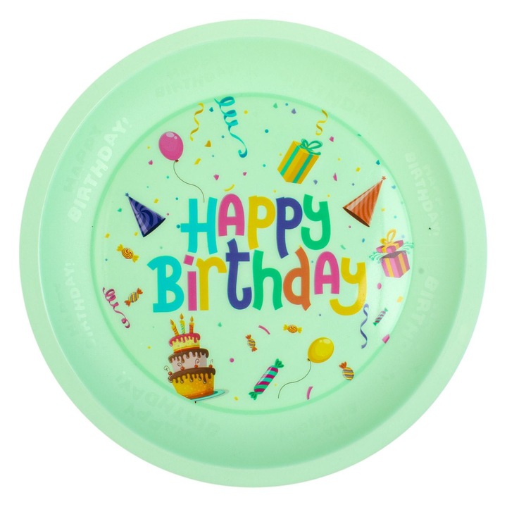 Menta zöld újrafelhasználható műanyag partitányér "Boldog születésnapot" Ø21cm