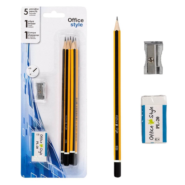 Set Creioane HB, Office Style, Negre si Galbene, Cu Radiera si Ascutitoare Metalica, 7 Piese