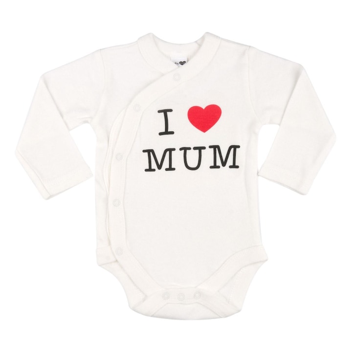 Body Bebe, Model I Love Mum, Maneca Lunga, Culoare Alb, Material Bumbac, Varsta 0-6 Luni
