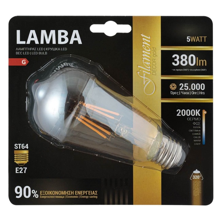 Bec LED Lamba, ST64, 5W, 380 Lumeni, E27, Lumina Calda, 2000K, Economie Energie 90%