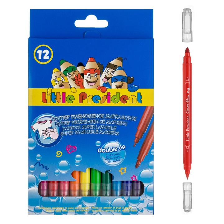 Set Carioci Duble cu Varf Subtire & Double Tip Little President - 12buc