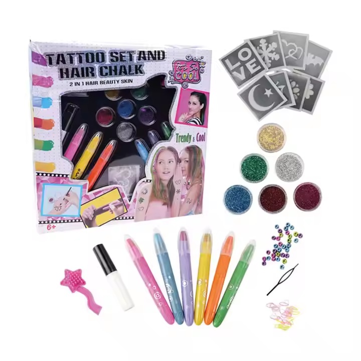 Tatuaj temporar cu sclipici pentru copii, Simply Joy, Kit de tatuaje cu sclipici si creioane pentru colorat parul, Multicolor