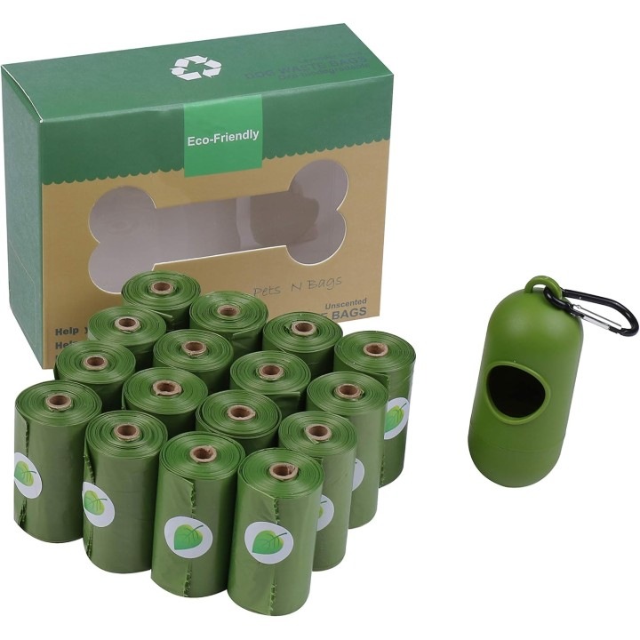 Set Complet Cu 240 Pungi Menaj Biodegradabile Cu Miros De Lavanda Si Dispenser Portabil Super Trends® Pentru Caini Si Pisici, 16 Role Cu 15 Bucati Pungi OXO Ecologice 23x33 Cm, Set Igiena Animale De Companie Verde Practic Si Durabil