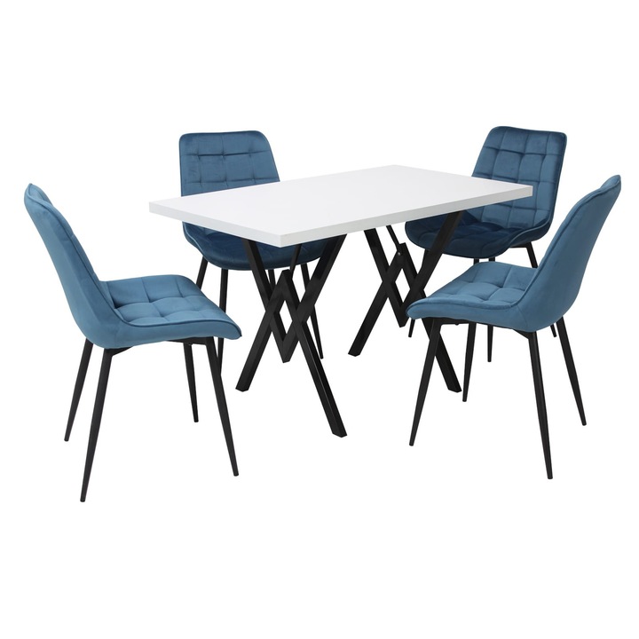 Set masa fixa Arta cu 4 scaune Onix, dreptunghiulara, blat din PAL laminat, picioare negre, cadru din metal, tapiterie din material textil, alb/turcoaz, 120x75x70 cm