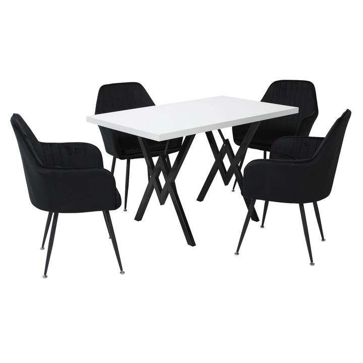 Set masa fixa Arta cu 4 scaune Coral, dreptunghiulara, blat din PAL laminat, picioare negre, cadru din metal, tapiterie din material textil, alb/negru, 120x75x70 cm