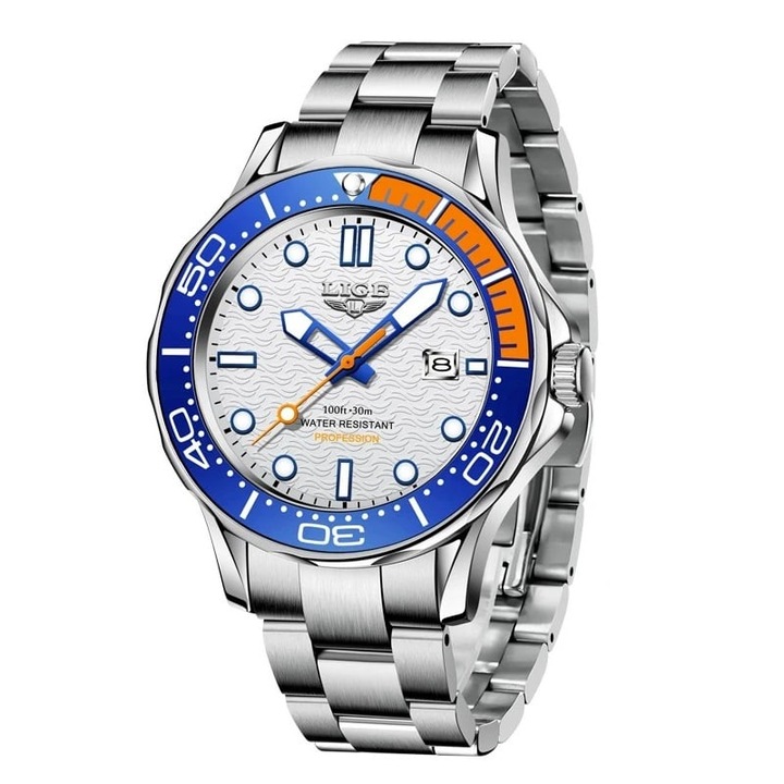 Férfi karóra Lige ezüst kvarc acél dátum fekete analóg divat világító mutatók