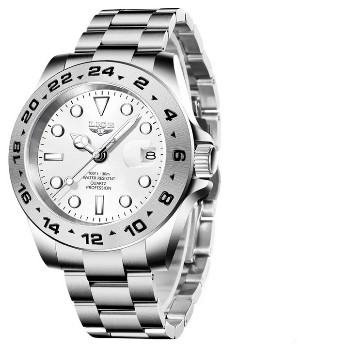 Férfi karóra Lige világító mutatók Dátum ezüst üzleti analóg kvarc acél