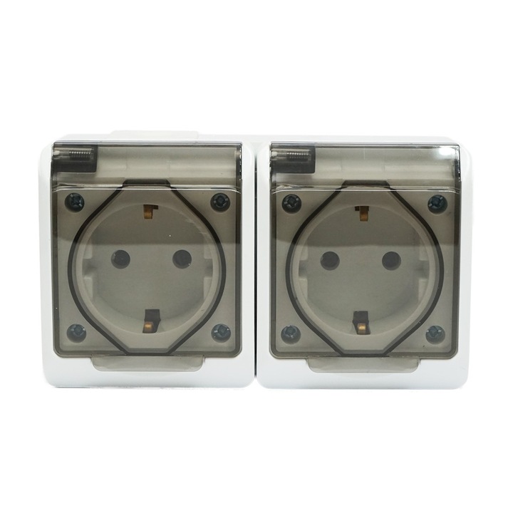 Priza dubla aplicata PT 16A, 250V contact de protectie si capac transparent IP44 Breckner Germany