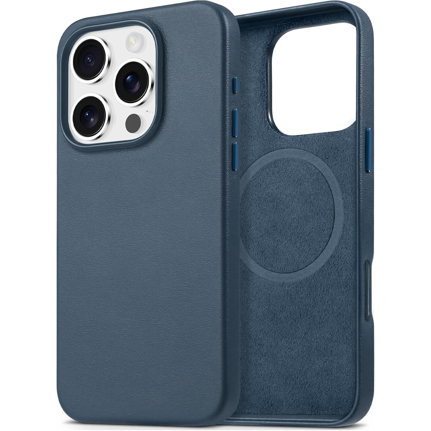 Husa piele pentru iphone 16 PRO, RiKbo® Leather Case compatibil magsafe, interior microfibra, Albastra
