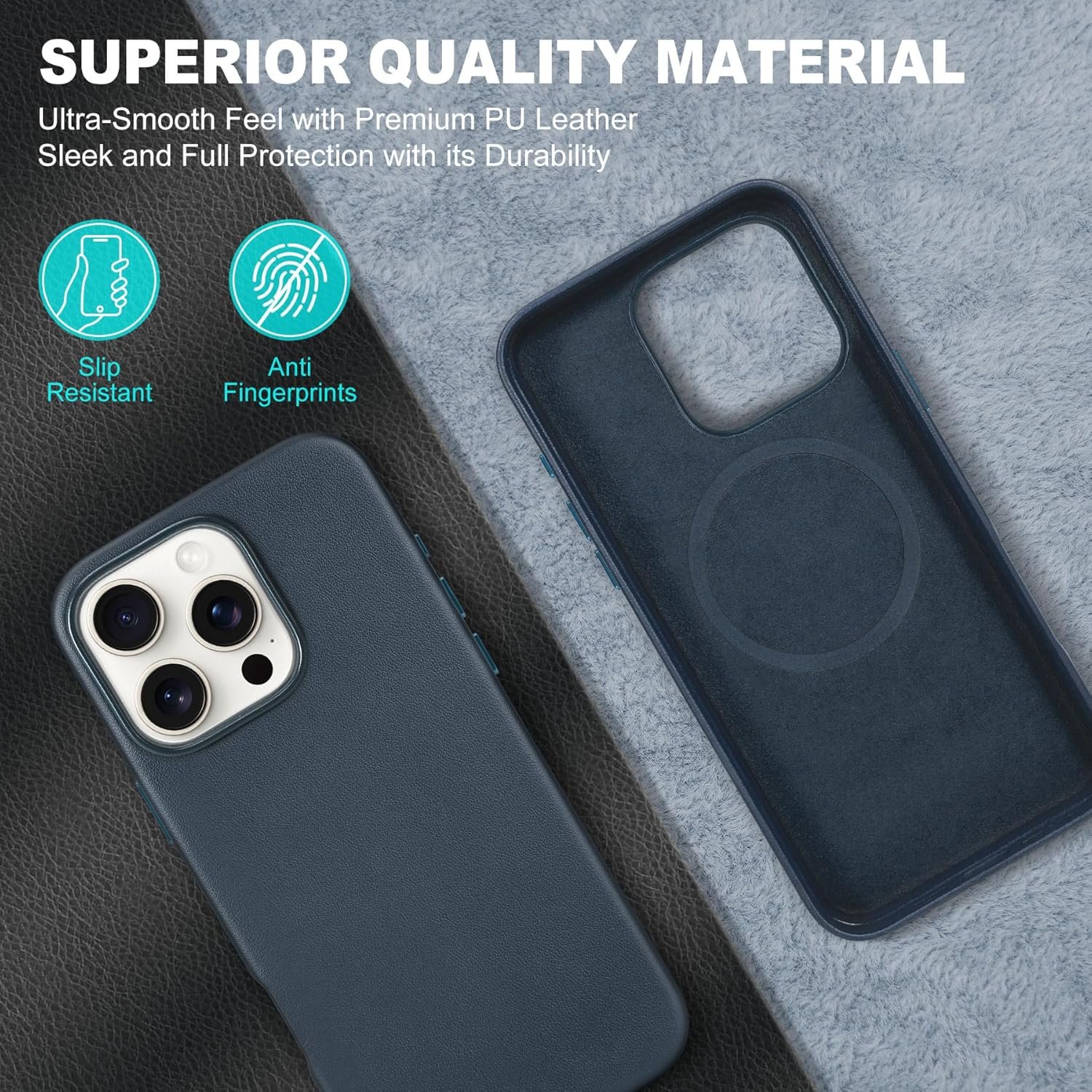 Husa piele pentru iphone 16 PRO, RiKbo® Leather Case compatibil magsafe, interior microfibra, Albastra