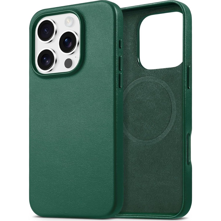 Husa piele pentru iphone 16 PRO MAX, RiKbo® Leather Case compatibil magsafe, interior microfibra, Green
