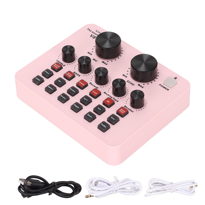 Аудио миксер, Mmgoqqt, V8, USB. 3,5 мм жак, 48Hz, 16 бита, двоен канал, розов
