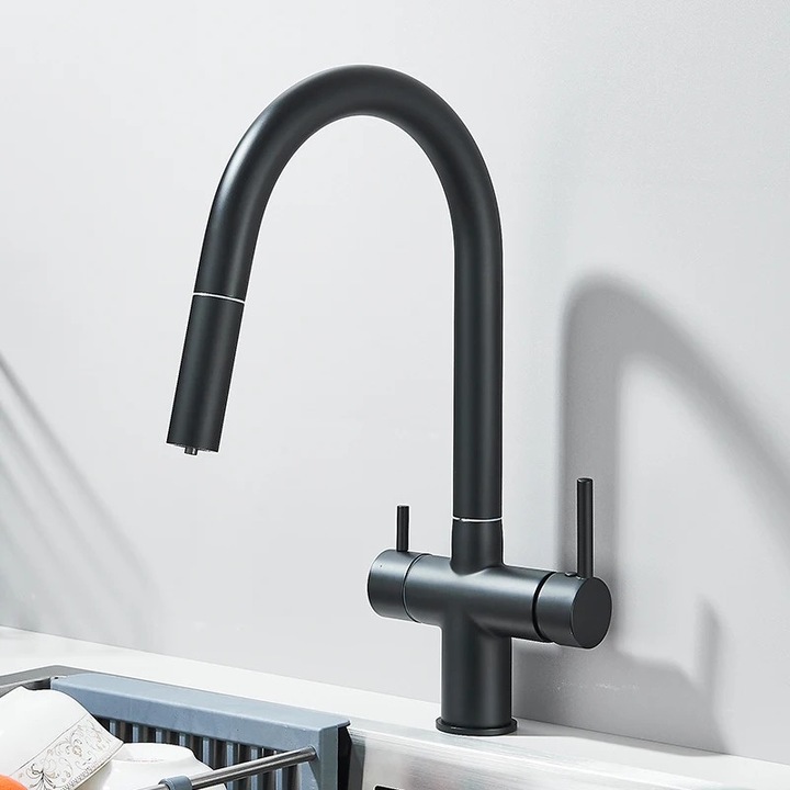 Szaniter csaptelep, kétkaros csaptelep, behúzható zuhany, matt fekete