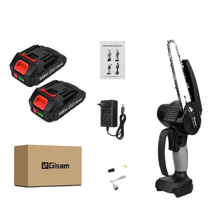 Електрически верижен трион, 6 инча, безчетков мотор, 2 батерии, черен